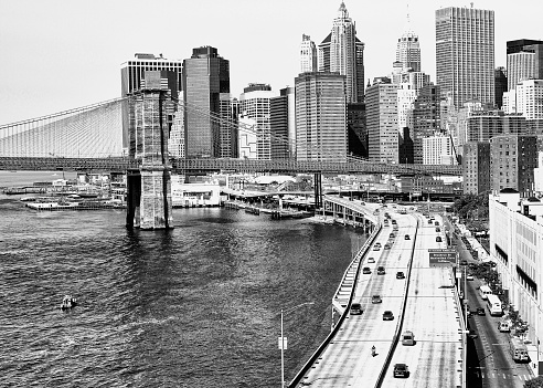 Lower Manhattan and Brooklyn Bridge from above. NYC.