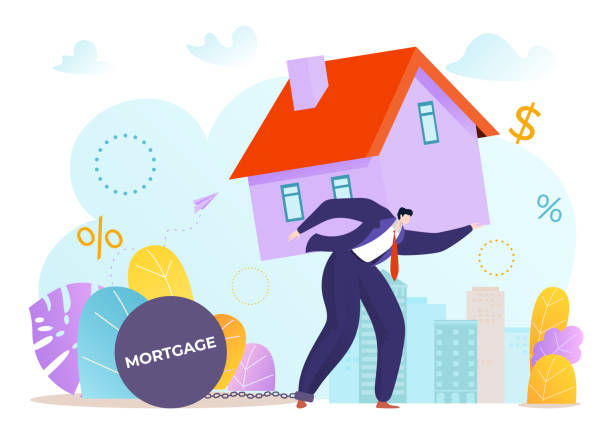 ilustrações, clipart, desenhos animados e ícones de empréstimo de dívida e carregando hipoteca pesada, personagem do homem carrego ilustração vetorial imobiliária. investimento financeiro e crédito monetário - real people illustrations