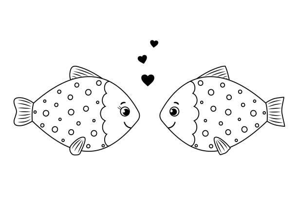 Couple of cartoon fish in love. Lovers and hearts. Vector illustration of Valentine's Day greeting cards. Isolated on white background. Black and white. Vector Illustration. fish clip art black and white stock illustrations