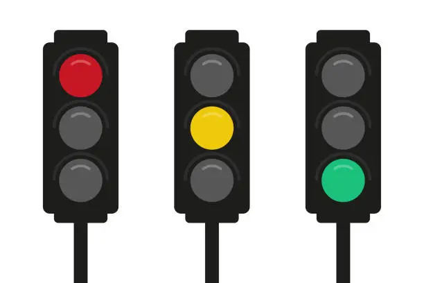 Vector illustration of Red, yellow and green traffic light icons.