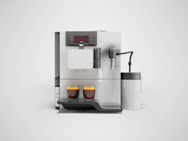 istock 3d illustration of white automatic coffee machine with milk dispensing on gray background with shadow 1451846735