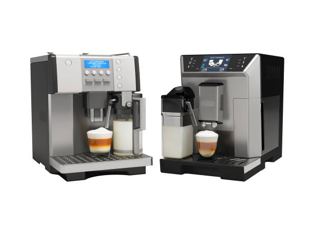 istock 3d illustration group of coffee machine with cappuccino maker for different coffee drinks front view on white background no shadow 1451846796