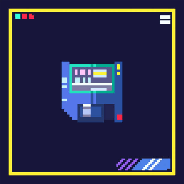 istock Pixel art cyber floppy disk illustration. 8bit cyberpunk style icon of retro data storage. Vector 80s retro game sticker. 1451848255