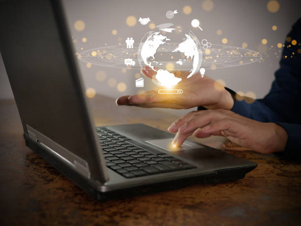 istock Hand holding virtual global internet connection metaverse. Business global internet connection application technology related to Financial, banking, digital link tech, big data, and digital marketing 1451848356