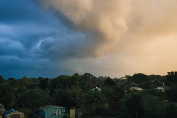 istock Cloudy sky over green woody terrain at sunset 1451848972