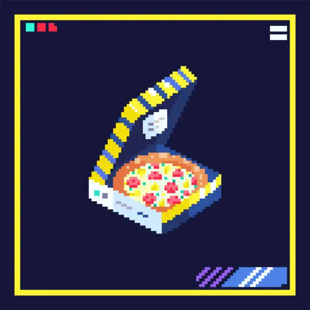 Vector illustration of Pixel art pizza illustration. 8bit cyberpunk style icon of pizza in cardboard box. Vector 80s retro game sticker fast food.