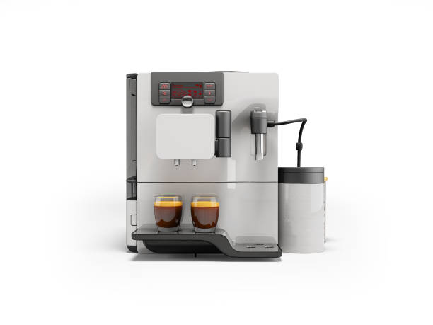 istock 3d illustration of white automatic coffee machine with milk dispensing on white background with shadow 1451849584