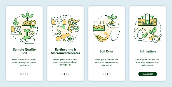Soil health onboarding mobile app screen. Regenerative agriculture walkthrough 4 steps editable graphic instructions with linear concepts. UI, UX, GUI template. Myriad Pro-Bold, Regular fonts used