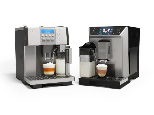 istock 3d illustration group of coffee machine with cappuccino maker for different coffee drinks front view on white background with shadow 1451849641