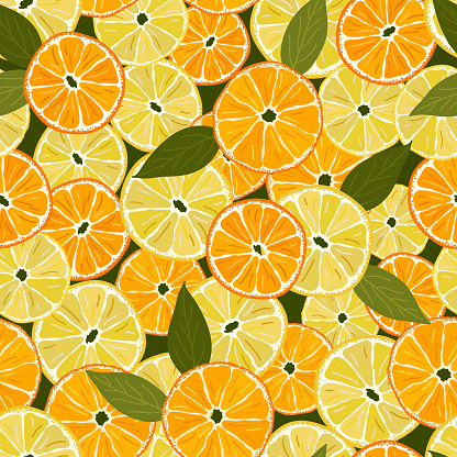 Seamless pattern with bright orange, lemon slices and green leaves. Colorful summer background for textile design, greeting cards and wallpapers. Hand draw vector illustration