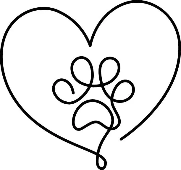 Vector illustration of Dog or cat paw footprint and heart in continuous one line drawing logo. Minimal line art. Animal in heart. Pets love concept monoline