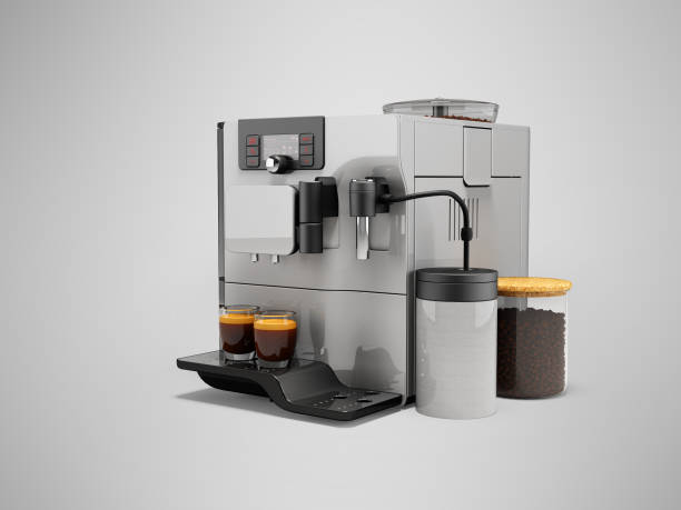 istock 3d illustration of white professional automatic coffee machine with coffee grinder on gray background with shadow 1451853624