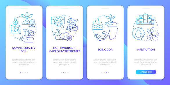 Soil health blue gradient onboarding mobile app screen. Regenerative farming walkthrough 4 steps graphic instructions with linear concepts. UI, UX, GUI template. Myriad Pro-Bold, Regular fonts used