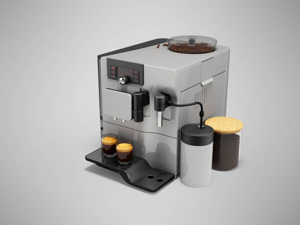 istock 3d illustration of white professional automatic coffee machine with coffee grinder and milk dispenser on gray background with shadow 1451854020