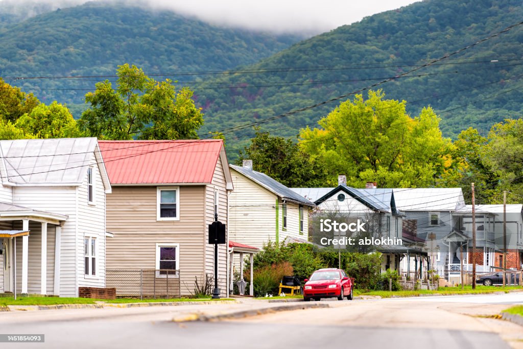 Buena Vista, Virginia small countryside rural town in Blue Ridge mountains, USA in fall autumn with empty residential street road by houses homes Virginia - US State Stock Photo