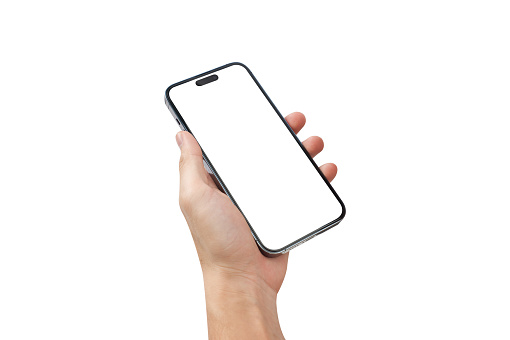 Hand showing smartphone with blank screen isolated on white background.