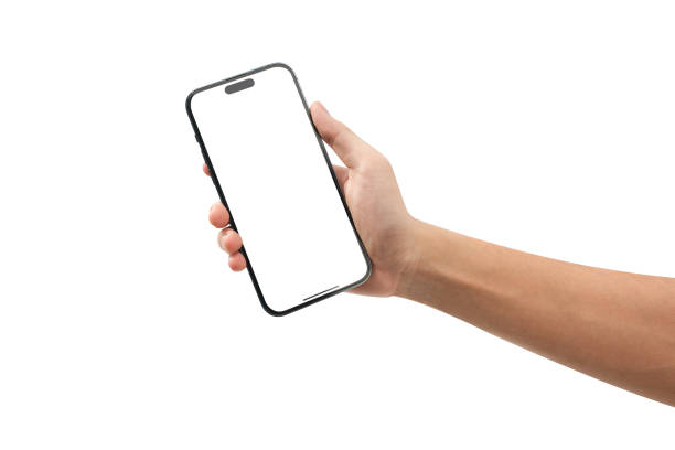 istock Hand showing smartphone with blank screen isolated on white background. 1451854242