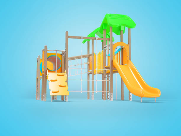 istock 3D illustration of playground complex for children with slide on blue background with shadow 1451854269