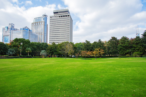 City skyline and public park in Shanghai, China