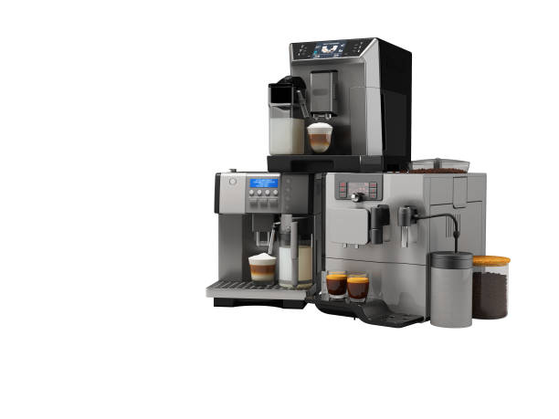 istock 3d illustration group set of professional automatic coffee machine with cappuccino maker on white background no shadow 1451855324