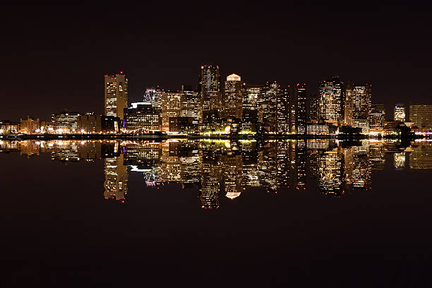 boston's skyline at night stock photo