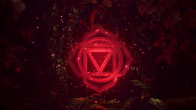 Root chakra Muladhara meditation healing 3D animation psychedelic spiritual 4k vj loop abstract background texture red glowing pattern