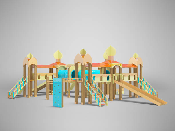istock 3D illustration of large playground complex for children with slides side view on gray background with shadow 1451856323