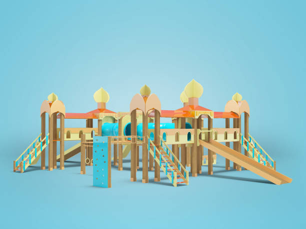 istock 3D illustration of large playground complex for children with slides side view on blue background with shadow 1451856955