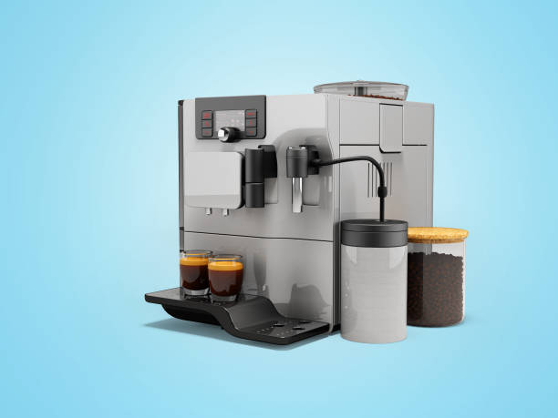 istock 3d illustration of white professional automatic coffee machine with coffee grinder on blue background with shadow 1451857637