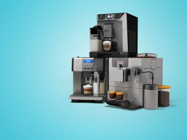 istock 3d illustration group set of professional automatic coffee machine with cappuccino maker on blue background with shadow 1451858543