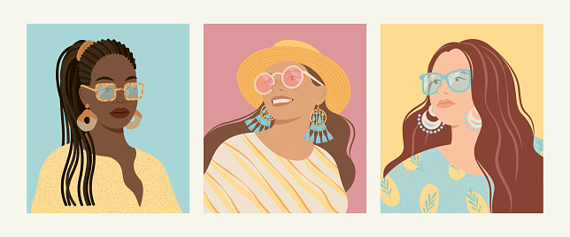 Pretty young women in trendy sunglasses and summer clothes. Vector fashion poster, avatar set.