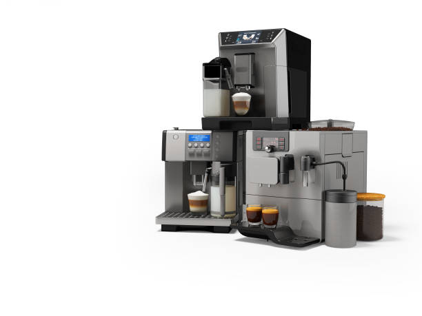 istock 3d illustration group set of professional automatic coffee machine with cappuccino maker on white background with shadow 1451858872