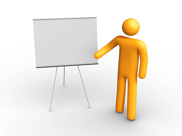 Cartoon image of yellow man at empty presentation board  stock photo