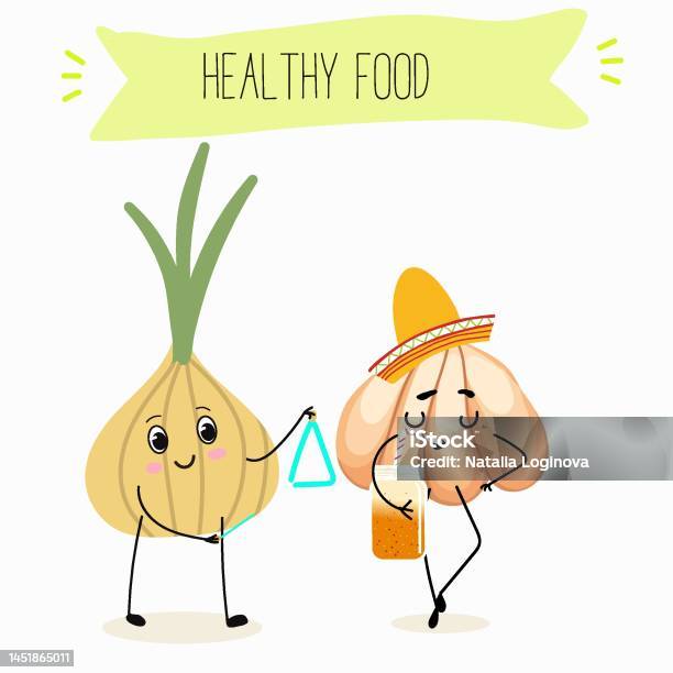 Illustration With Funny Onion And Garlic Characters Funny And Healthy Food  Vitamins Food With A Cute Face Ingredients Antioxidant Vegetarianism Vector  Cartoon Stock Illustration - Download Image Now - iStock