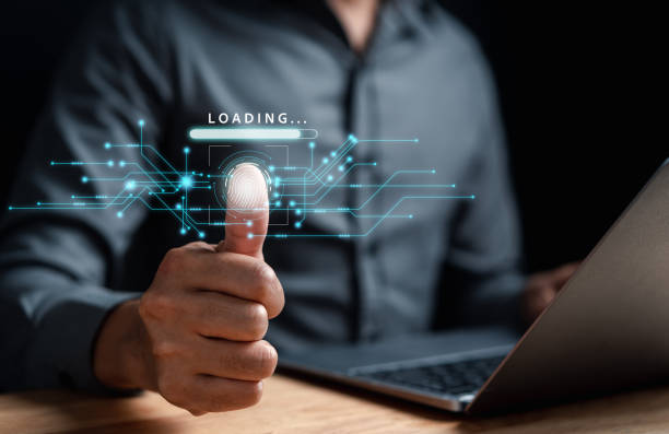 istock Futuristic digital processing of biometric identification fingerprint scanner. concept of surveillance and security scanning of digital programs cyber futuristic applications 1451865061