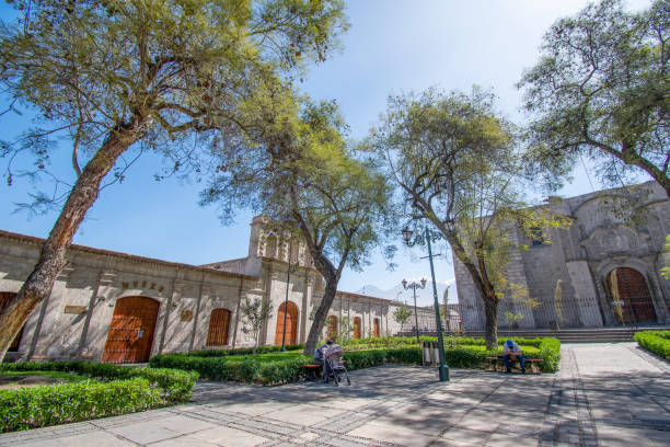 Arequipa, Peru - April 13, 2022; The city of Arequipa is known as 'Ciudad Blanca', the white city.   It is the second most populated city in Peru after the capital Lima. The city's historical centre has been declared a UNESCO World Heritage Site.