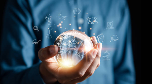 istock Man hand holding global earth with learning educate and graduation concept. study knowledge to creative thinking idea and problem solving solution,E-learning online education course degree certificate 1451866157
