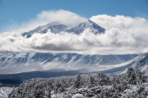 Fresh snow covering mountains in the eastern Sierra mountains near Lone Pine, CA