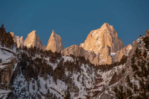 Early morning at Mt. Whitney in the Eastern Sierras in California. Mt. Whitney is the highest mountain in the contiguous United States and the Sierra Nevada, with an elevation of 14,505 feet.