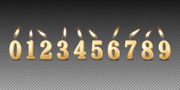 Vector 3d Realistic Paraffin or Wax Burning Golden Birthday Party Candles, Numbers and Different Flame of a Candle Icon Set Isolated. Design Template, Clipart, Birthday Concept.