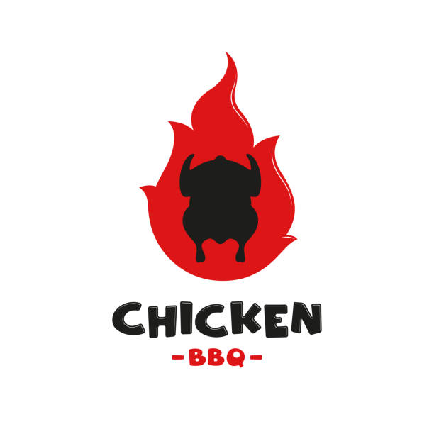 赤い火の背景に鶏の黒いシルエット。バーベキューのコンセプト、グリル料理、レストランのアイコン。ロゴとラベルのテンプレート - barbecue chicken点のイラスト素材／クリップアート素材／マンガ素材／アイコン素材
