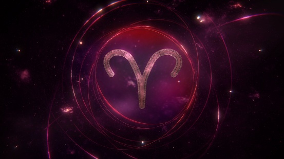 Aries zodiac sign as golden ornament and rings on purple violet galaxy background. 3D Illustration concept of mystic astrology symbol, social media horoscope calendar banner artwork and copy space.