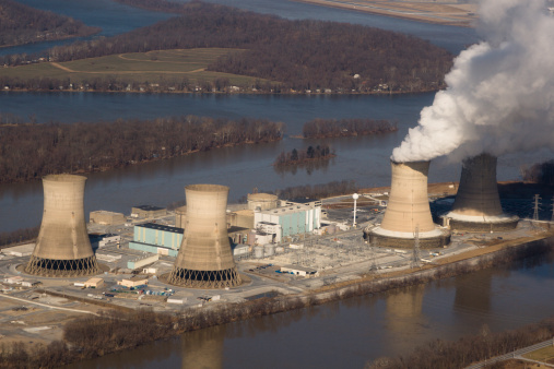 Aerial view of Three Mile Island nuclear power palnt.