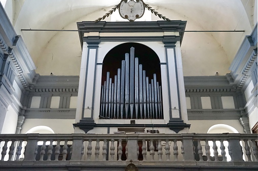 Pipe organ in the church of San Remigio in Fosdinovo, Tuscany, Italy