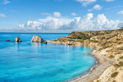 Landscape with Petra tou Romiou (Aphrodite's beach and rock) in Pafos, Cyprus island