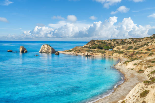 landscape with petra tou romiou (aphrodite's beach and rock) in pafos, cyprus - birthplace imagens e fotografias de stock