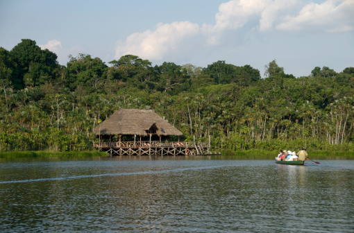 Canoeing in the Amazon Tropics, in a lake toward a hut.