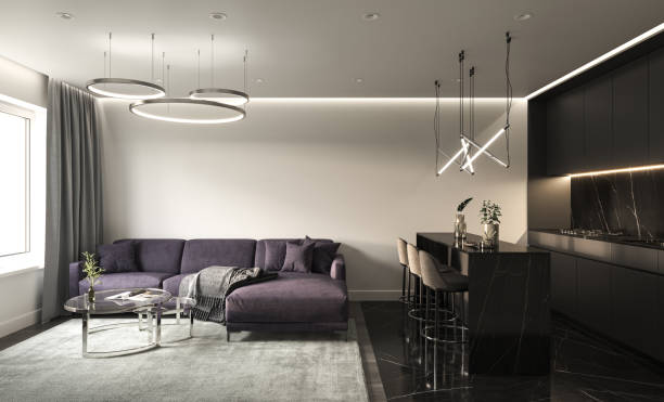 istock Living room with marble floor and black kitchen on background. Front view empty mock up wall. High quality illustration 3d rendering 1451894231