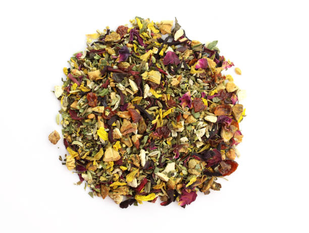 istock Fruit tea with rose petals and dried fruits top view. 1451895324