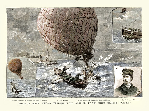 Vintage illustration Hot Air balloon crash, Rescue of Belgian Military Aeronauts in the North Sea by the British Steamship Warrior, 1880s, 19th Century